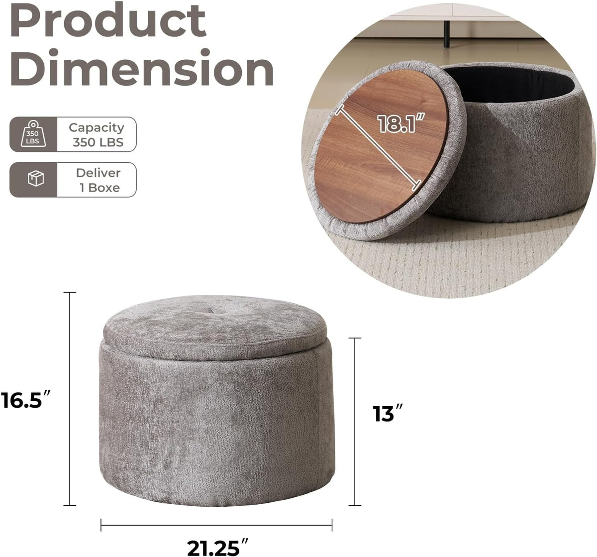 Modern Round Storage Ottoman with Reversible Tray Lid,Chenille Ottoman Foot Stools, Ottoman Footstool with Hidden Storage, Storage Ottoman for Living Room, Multi-Functional Footrest,Dark Grey