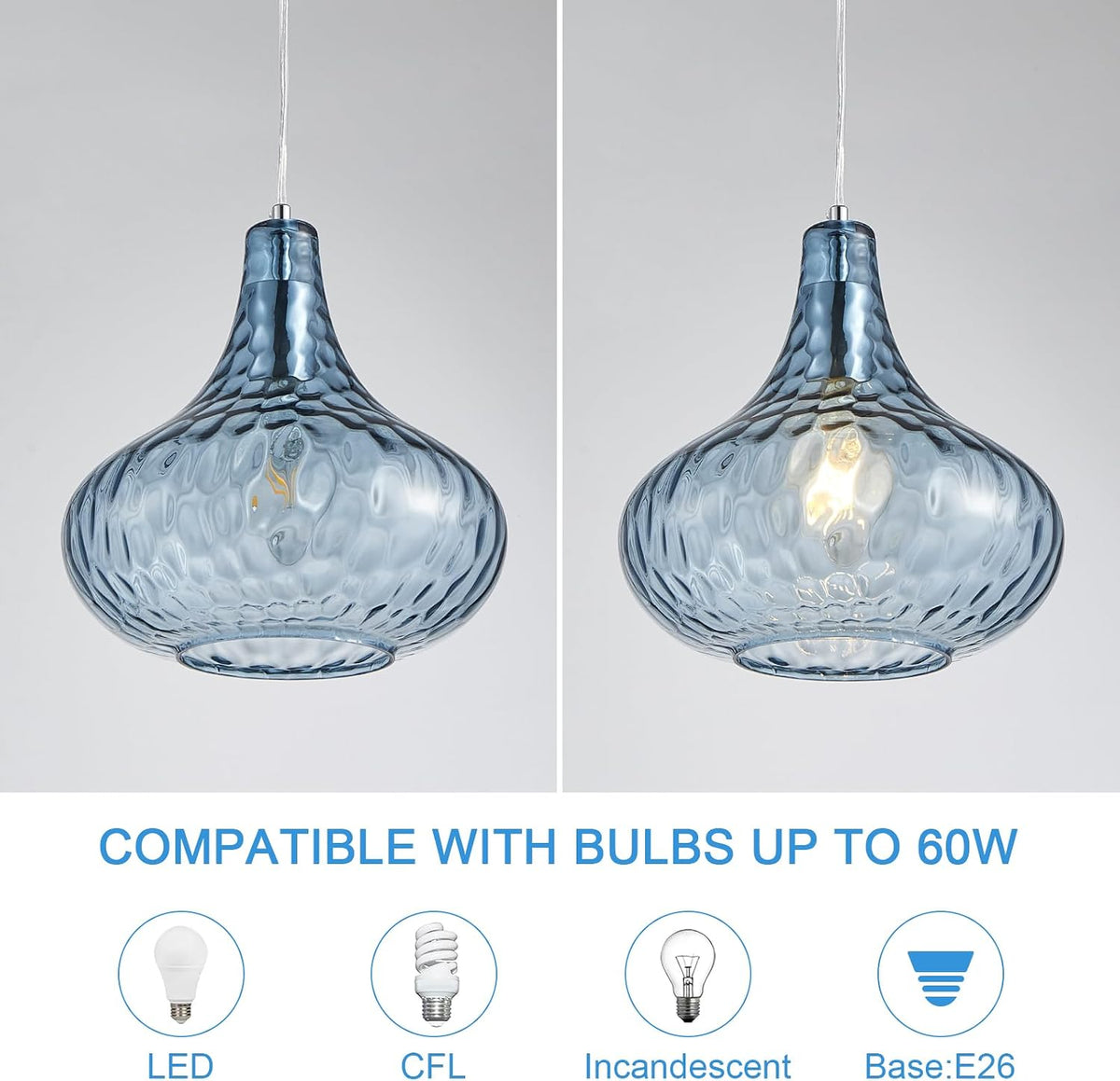 11 Inch Blue Hammered Glass Pendant Light Brushed Nickel Ceiling Lamp