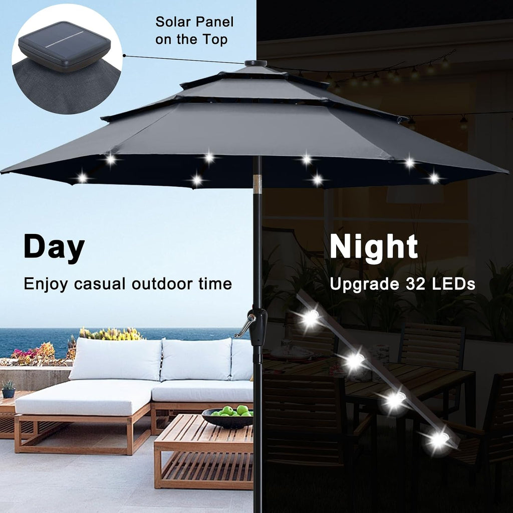 ABCCANOPY 11FT 3-Tier Solar Patio Umbrella, 32 LED Lights, Dark Gray