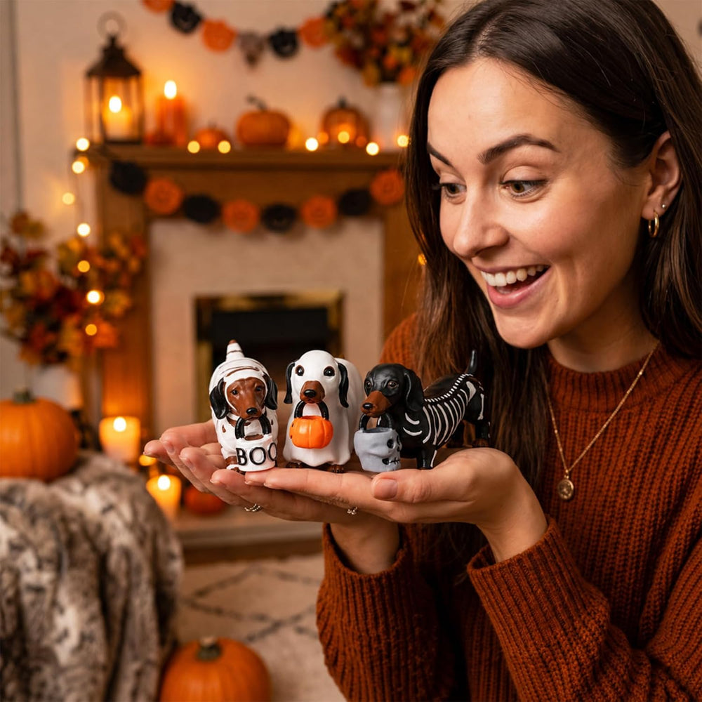 Pinkunn 3 Pcs Cute Dachshund Halloween Decor Resin Ghost Dog Table Figurine