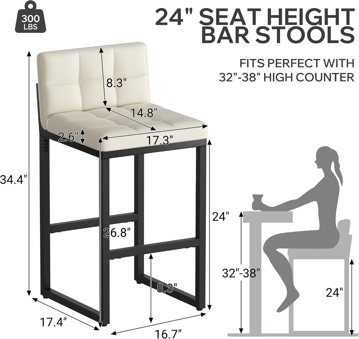 Bar Stools Set of 2, Modern Counter Height Bar Stools, Beige
