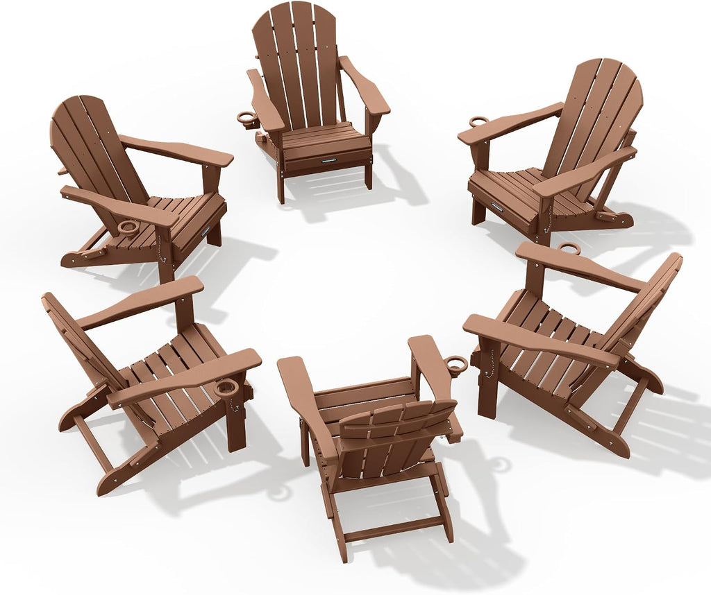 MUCHENGHY Folding Adirondack Chairs Set of 6, HDPE Patio Chair, Teak