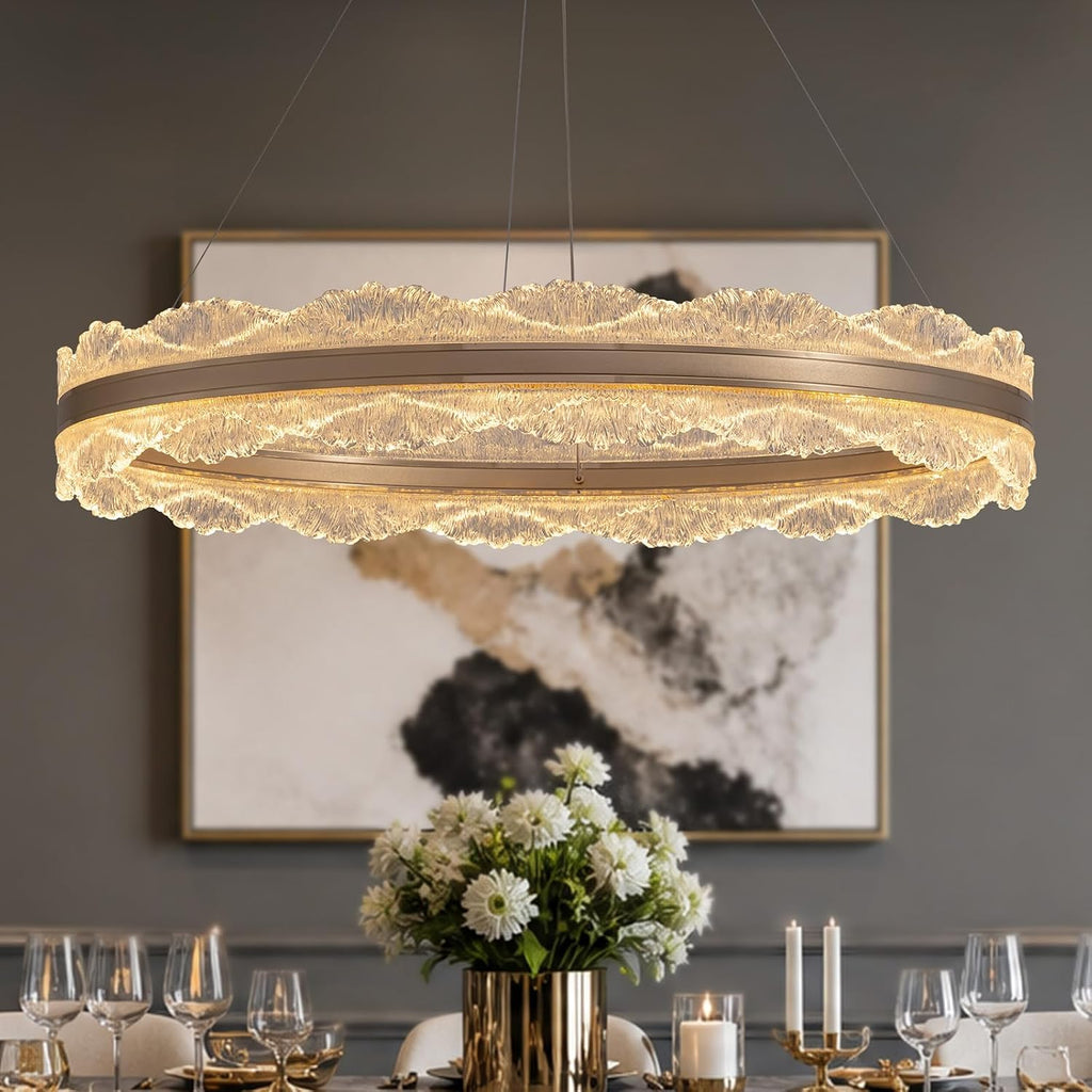 Gold Chandelier 31.5" Modern Ring Chandelier, Dimmable LED Chandeliers with Remote, Round Chandeliers Adjustable Hanging Lights Luxury Ceiling Pendant Lighting Fixtures for Dining Room Living Room