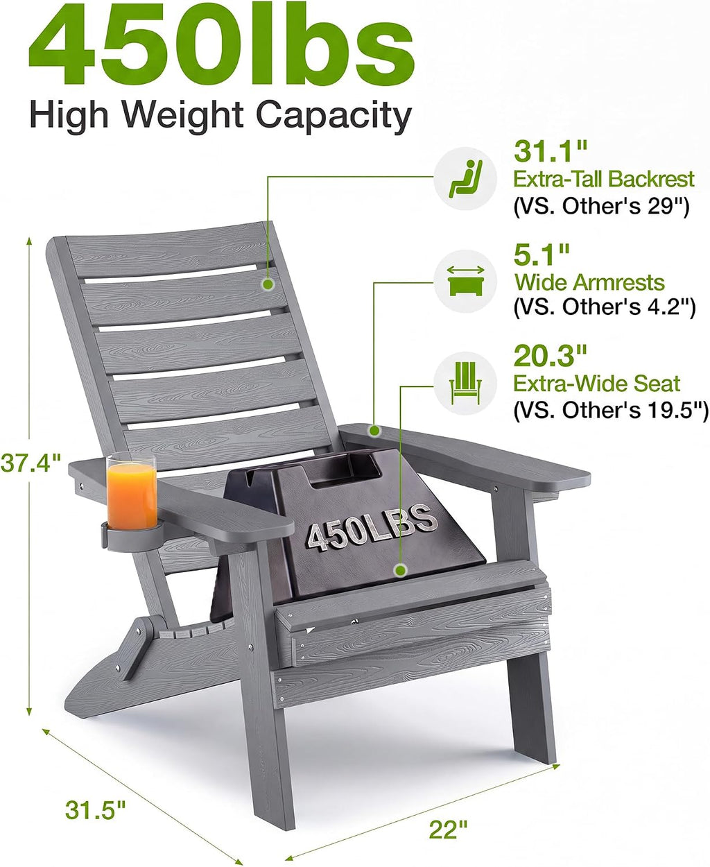 YEFU Adirondack Chair Set of 4 Outdoor, Arc Backrest & Cup Holder, Grey