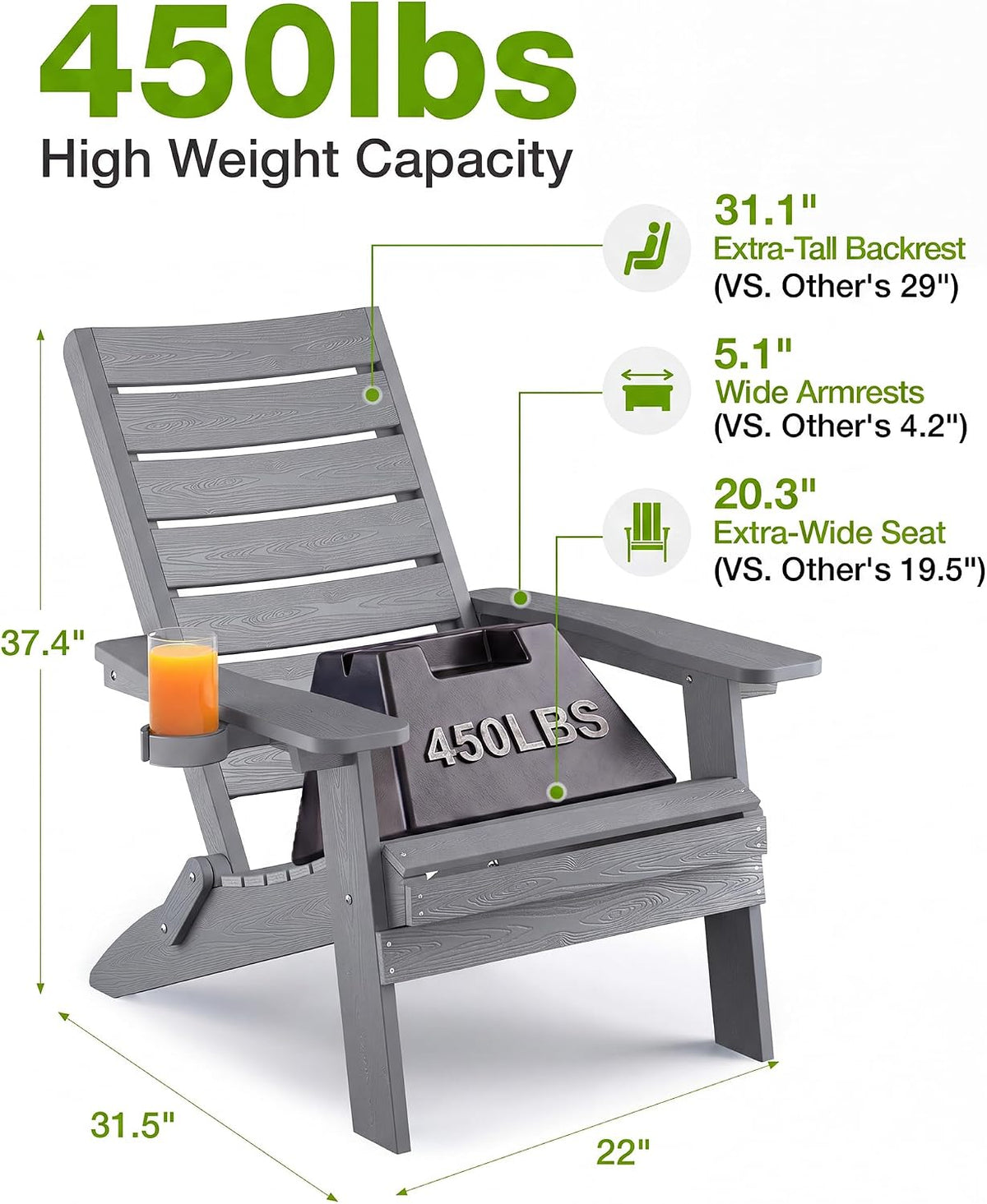 YEFU Adirondack Chair Set of 4 Outdoor, Arc Backrest & Cup Holder, Grey