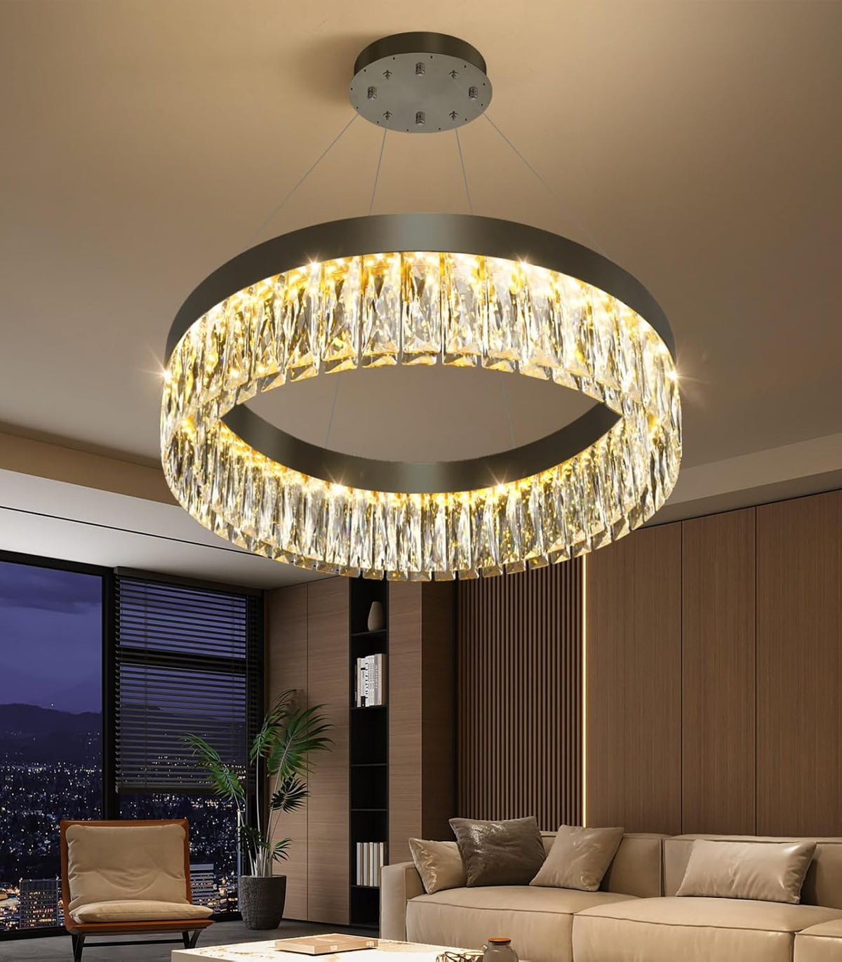 23.6" 1 Ring Modern LED Dimmable Ring Chandelier Adjustable Round Crystal Chandelier for Dining Room Living Room Black
