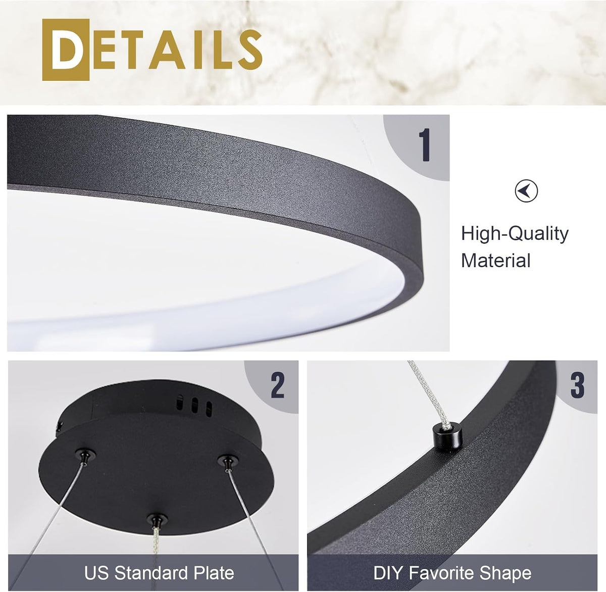 Modern LED Pendant Light Black Ring Chandelier 24" Dimmable Flush Mount Pendant Chandelier for Dinning Room Office Kitchen Living Room,3000-6500K