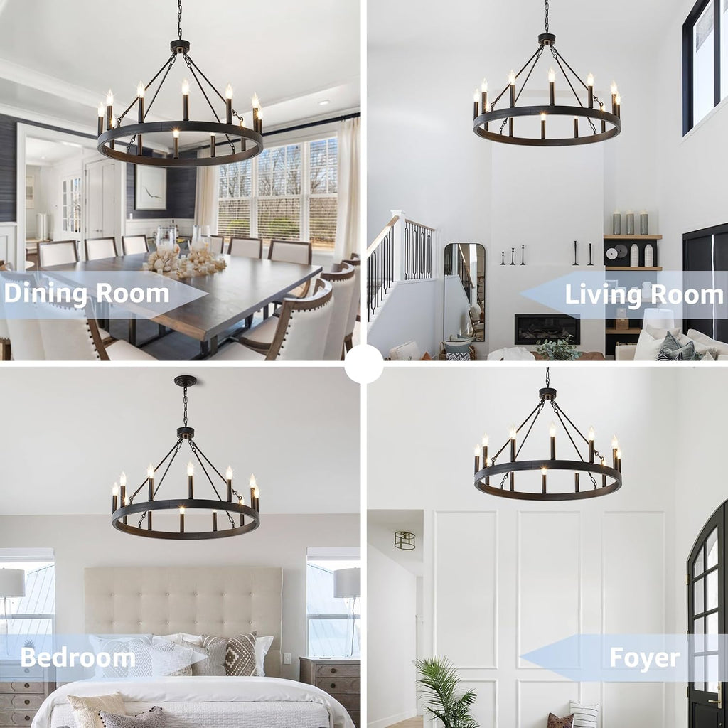 32" wagon wheel light fixture 12-light black round, package contents