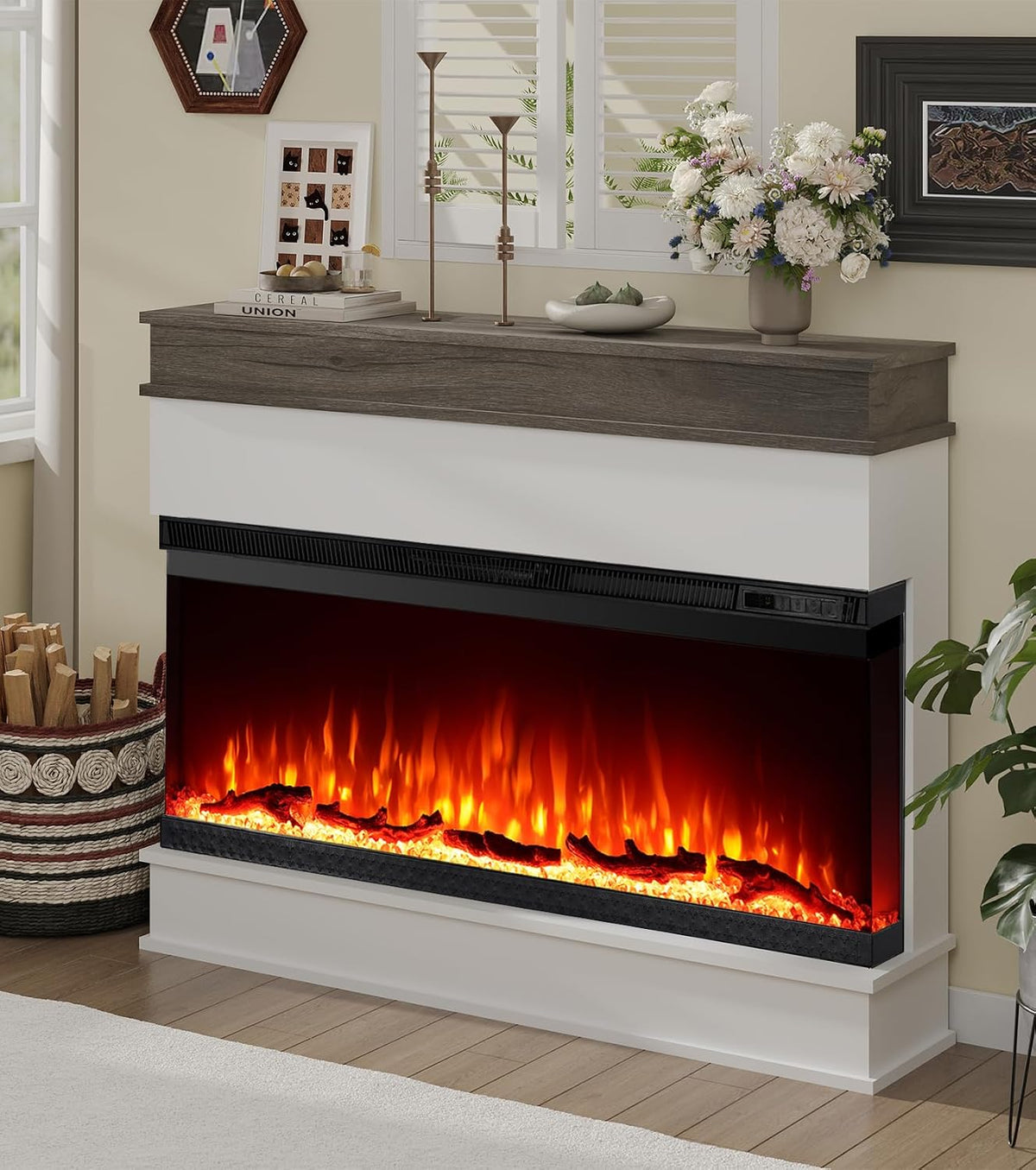 3-Sided View Electric Fireplace Insert - Minimalist Mantel - 12 Color Flame Effect - 1500/750 Watt Heater - Remote Control - Log & Crystals(40", White)