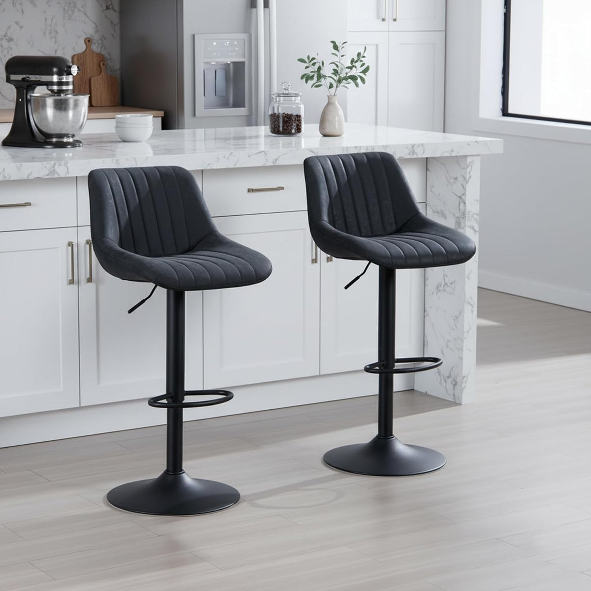 Barstools Set of 2, Faux Leather Swivel Bar Height Stools with Back, Armless Upholstered Counter Height Stools, Modern Adjustable Bar Chairs for Kitchen Island/Cafe/Dining/Restaurant, Black