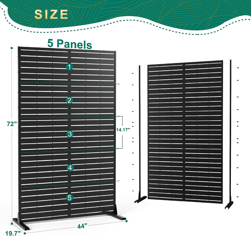 72" H44" W Metal Outdoor Privacy Screen - Freestanding, 5 Panels