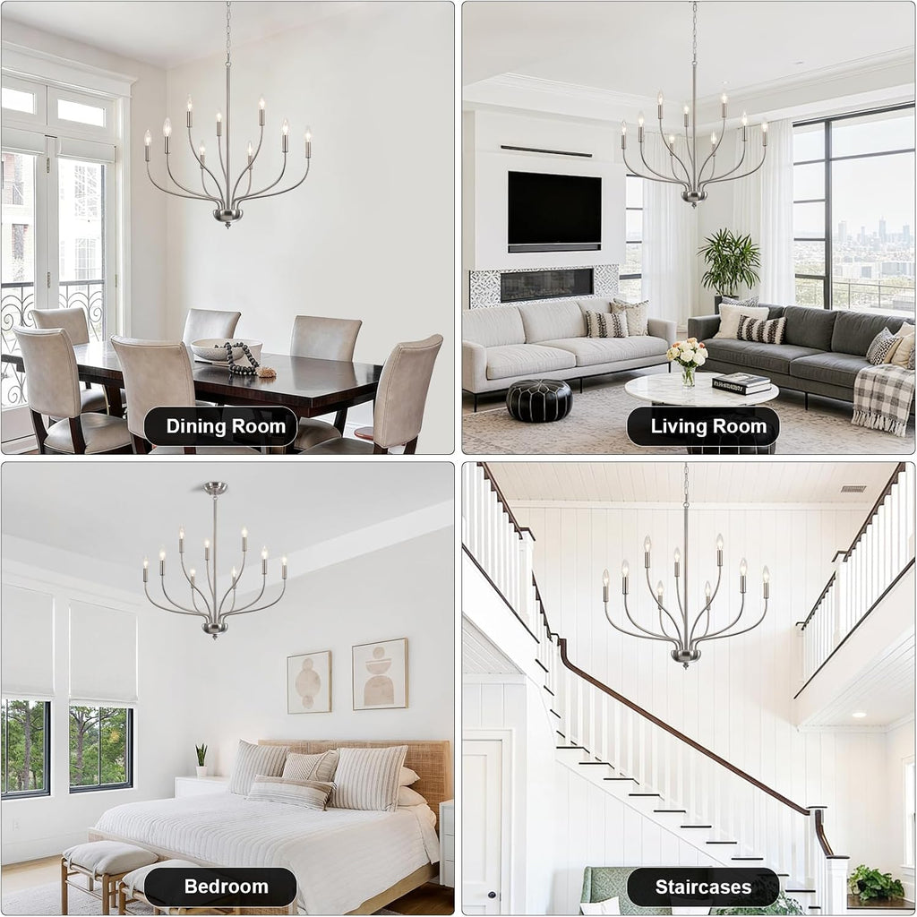 Brushed Nickel Chandelier, 9-Light Farmhouse Chandelier for Dining Room Lighting Fixture, 28'' Rustic Industrial Modern Candle Chandelier for Bedroom, Kitchen, Living Room, Foyer and Hallway