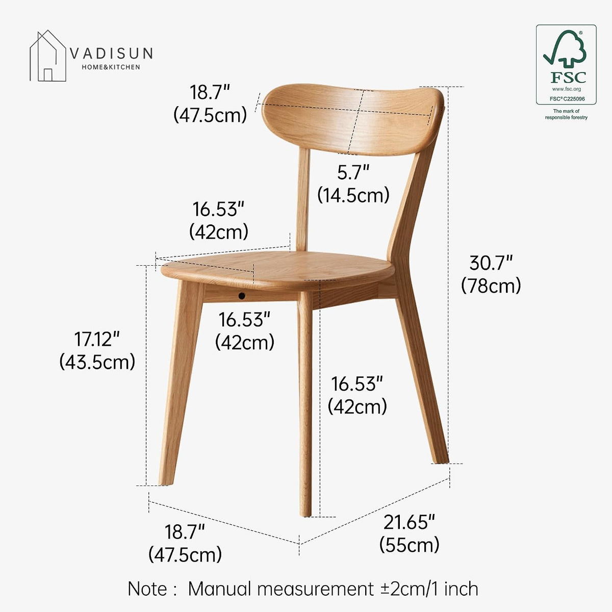 Oak Dining Chairs, Kitchen Chairs, 100% Solid Wood Modern Dinner Chair with Curved Backrest, Dining Room Chair for Kitchen, Living Room, Study (1PK, Natural)