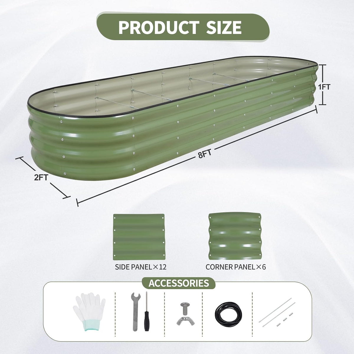 Galvanized Raised Garden Bed Outdoor- 8x2x1FT Planter Box, Green