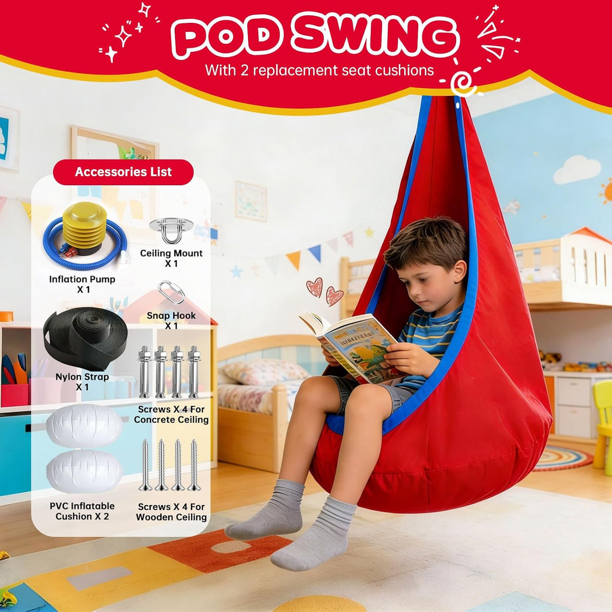 Sensory Swing Stand with Pod Swing, Metal Sensory Swing Set Frame for Indoor Outdoor Backyard (Red)