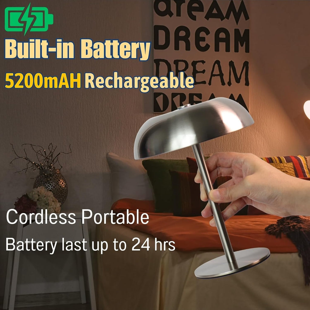 cordless 11" mushroom table lamp with dimmable 3 shown in use