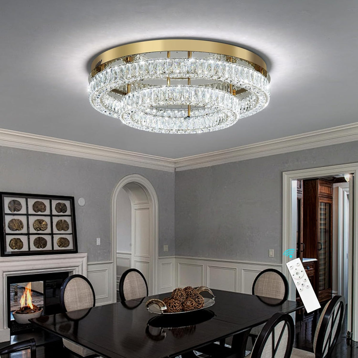 24 Inch Modern Glam Crystal Chandelier with Dimmable LED Light Ceiling Light Fixtures for Bedroom Dining Room Gold Lamp