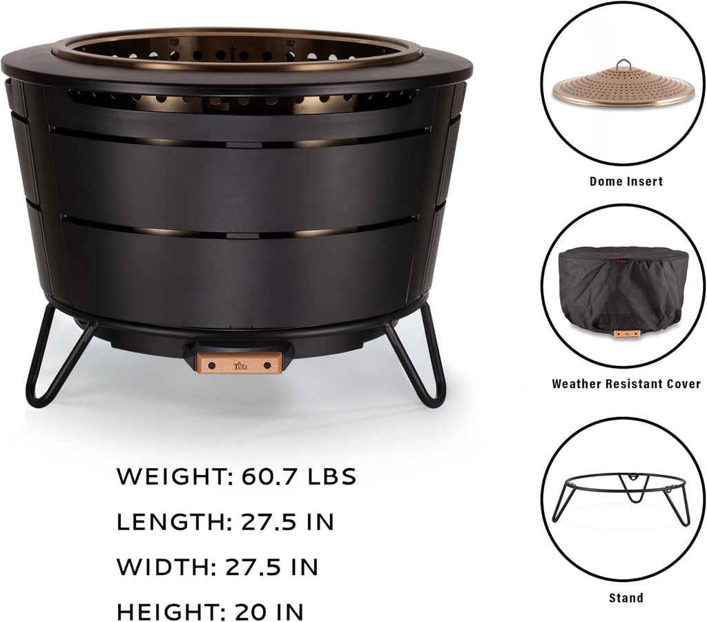 TIKI Reunion Smokeless Fire Pit, 27.5 in Wood Burning Fire Pit with Cover