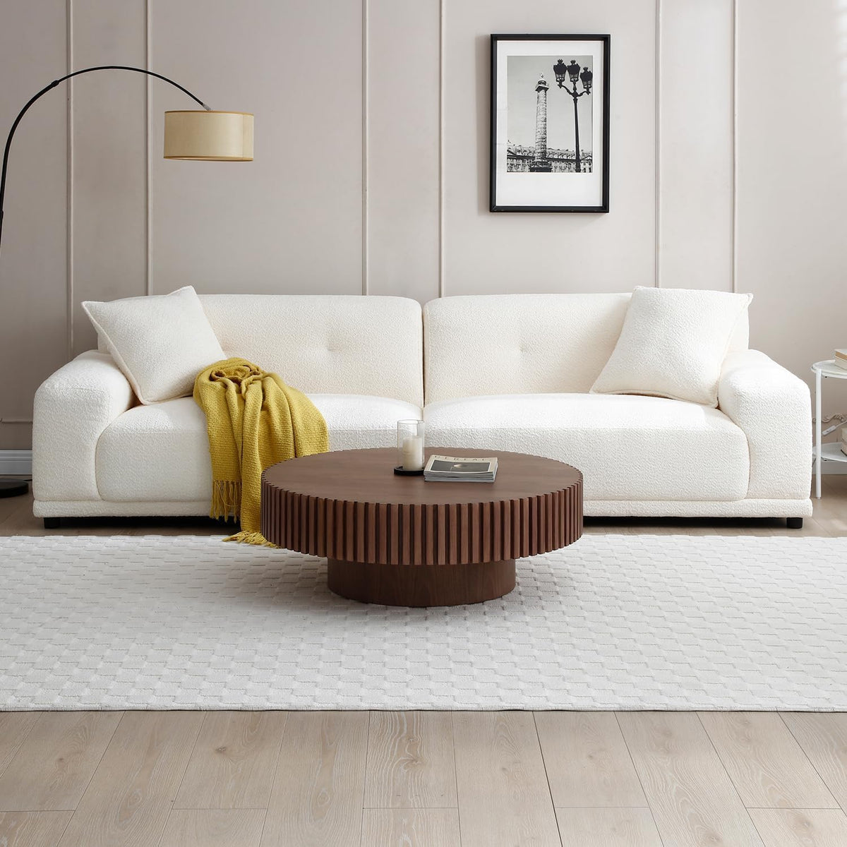 Round Coffee Table with Fluted Design, Walnut