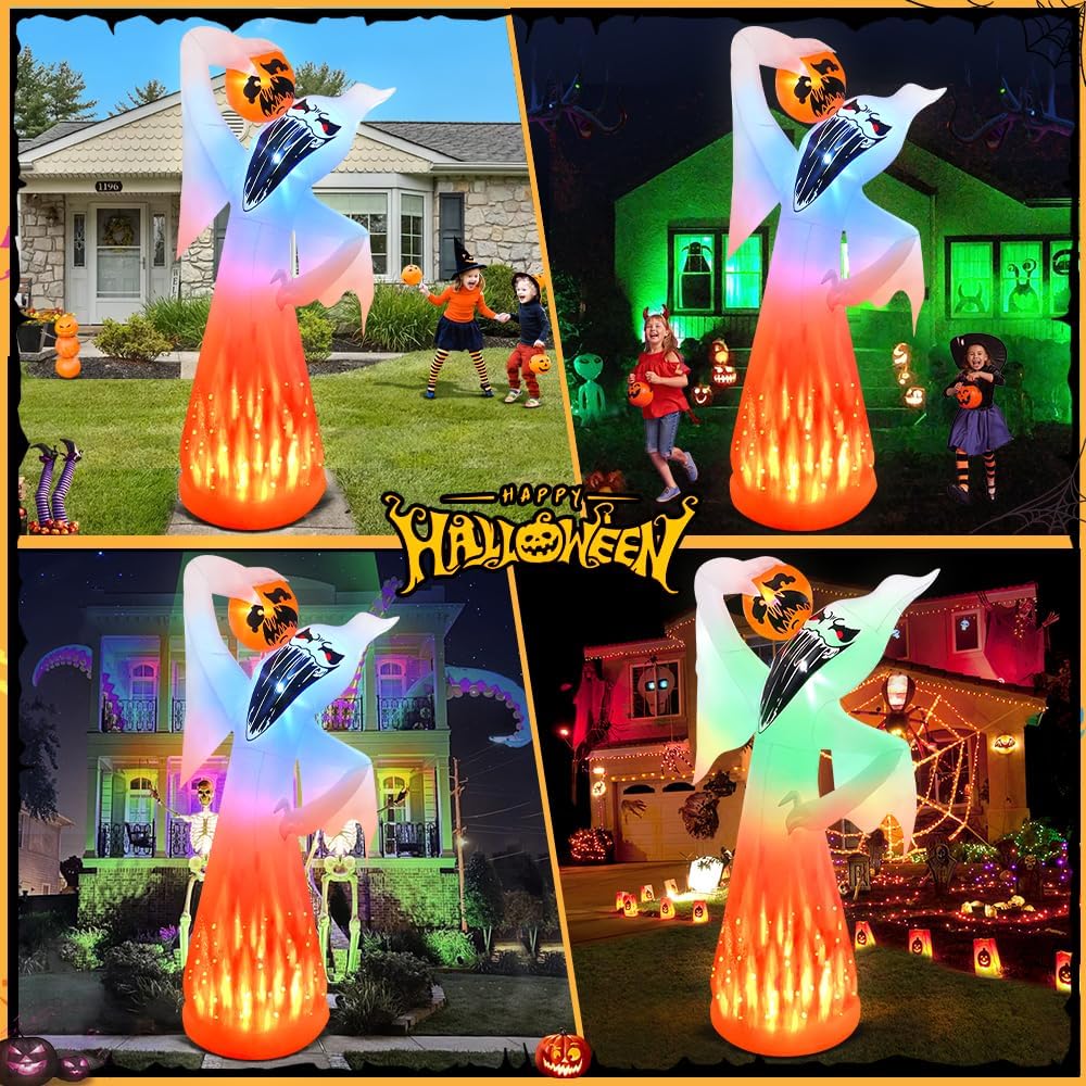 10 FT Halloween Inflatables Ghost with Pumpkin Decoration, Built in Flame Rotation LEDs Huge Halloween Inflatable Large Spooky Blow Ups Halloween, Party, Indoor, Outdoor, Garden, Yard Lawn