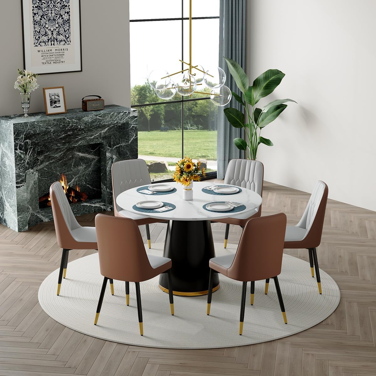 Round Dining Table Set for 6, Modern Round Dining Table Small 45 Inch Dinner Table Wood Round Tables for Living Room, Space Saving, Easy Assembly