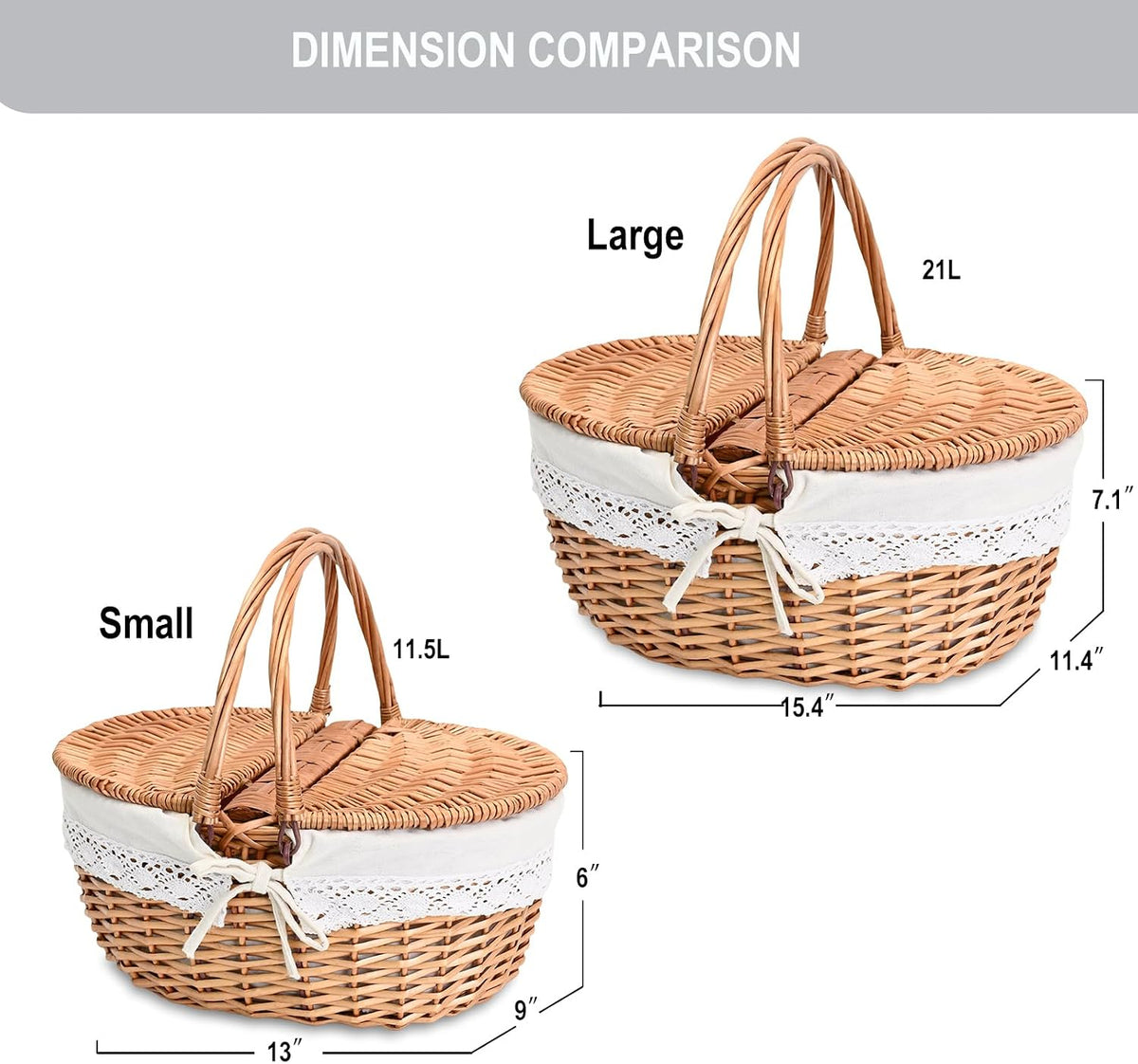 Wicker Picnic Basket with Removable Liner Empty Picnic Baskets with Lid, Picnic Hamper with Foldable Handles for Picnic 2, Natural Color, Large