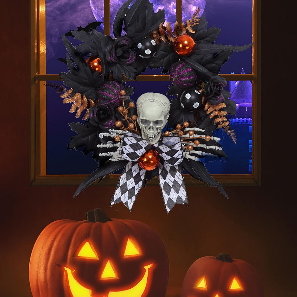 Halloween Wreath for Front Door Halloween Skeleton Decorations, 20 Inch Pumpkin Wreath with Skull Black Roses Maple Leaves for Window Indoor Outside Home Party Decor