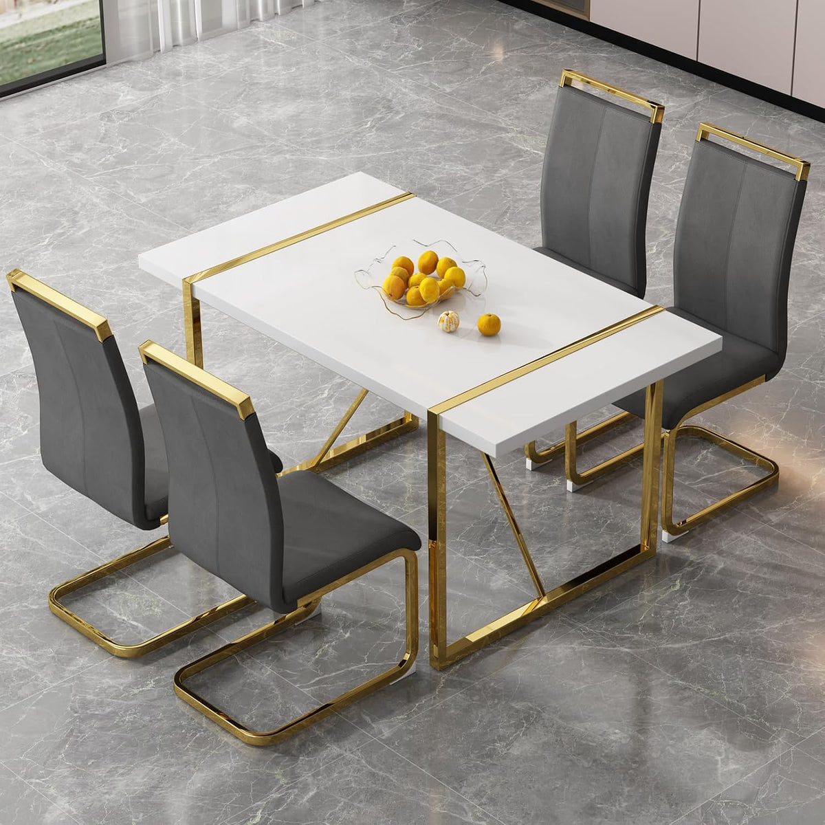 Ebullient White Rectangular Dining Table Set for 4, MDF Table with Light Grey Faux Leather Chairs, 5 Piece Modern Dining Set with Metal Frame