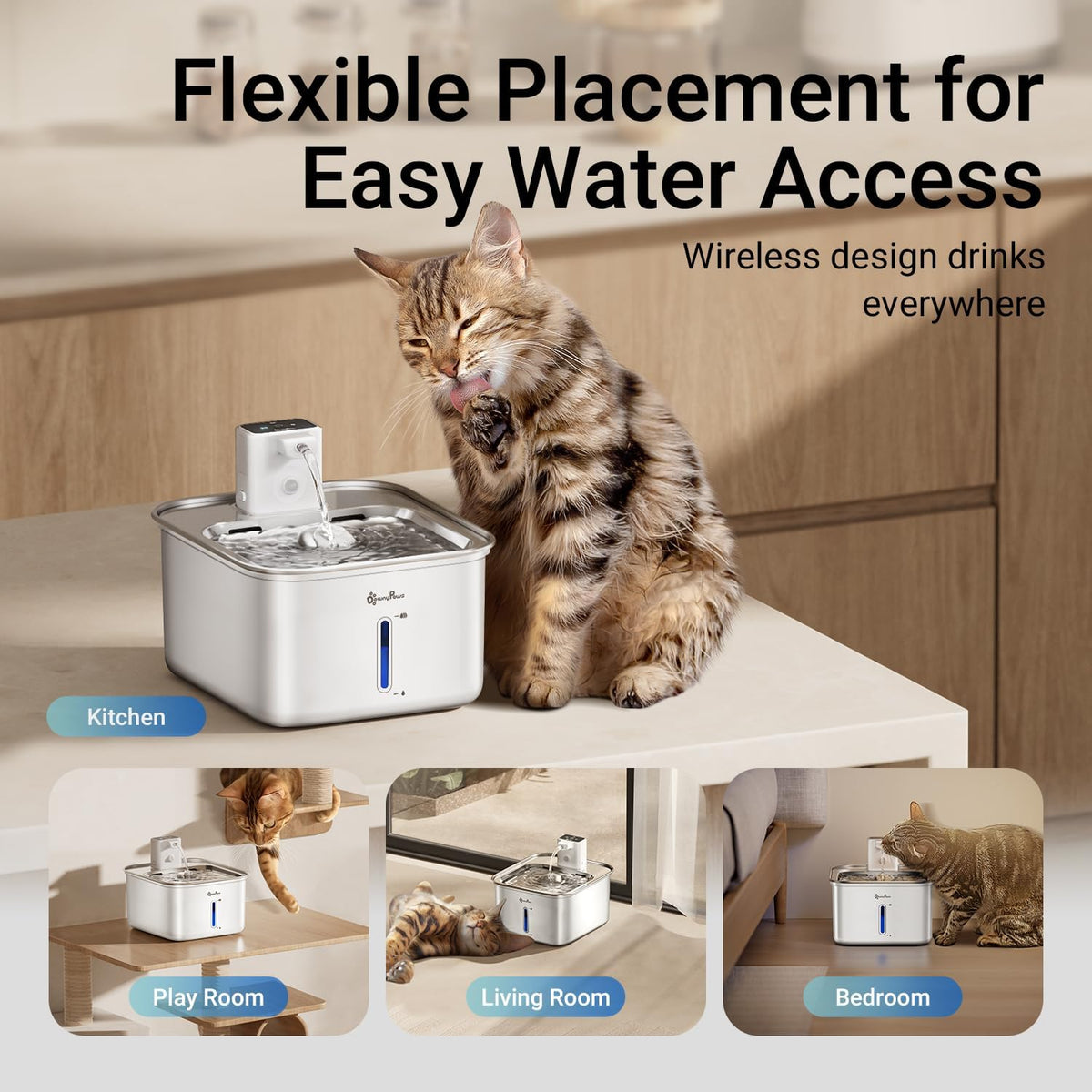 DownyPaws Cat Water Fountain Stainless Steel Wireless Automatic, White