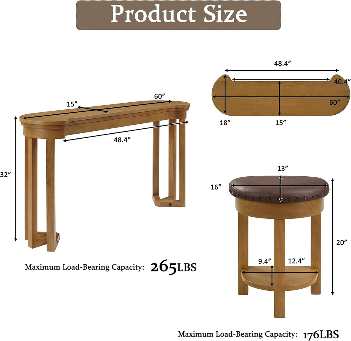 Merax 4 Piece Bar Table Set with 3 PU Upholstered Bar Stools, Solid Wood Counter Height Kitchen Table Set, Breakfast Table with 3 Padded Stools for Living Room, Dining Room, Natural