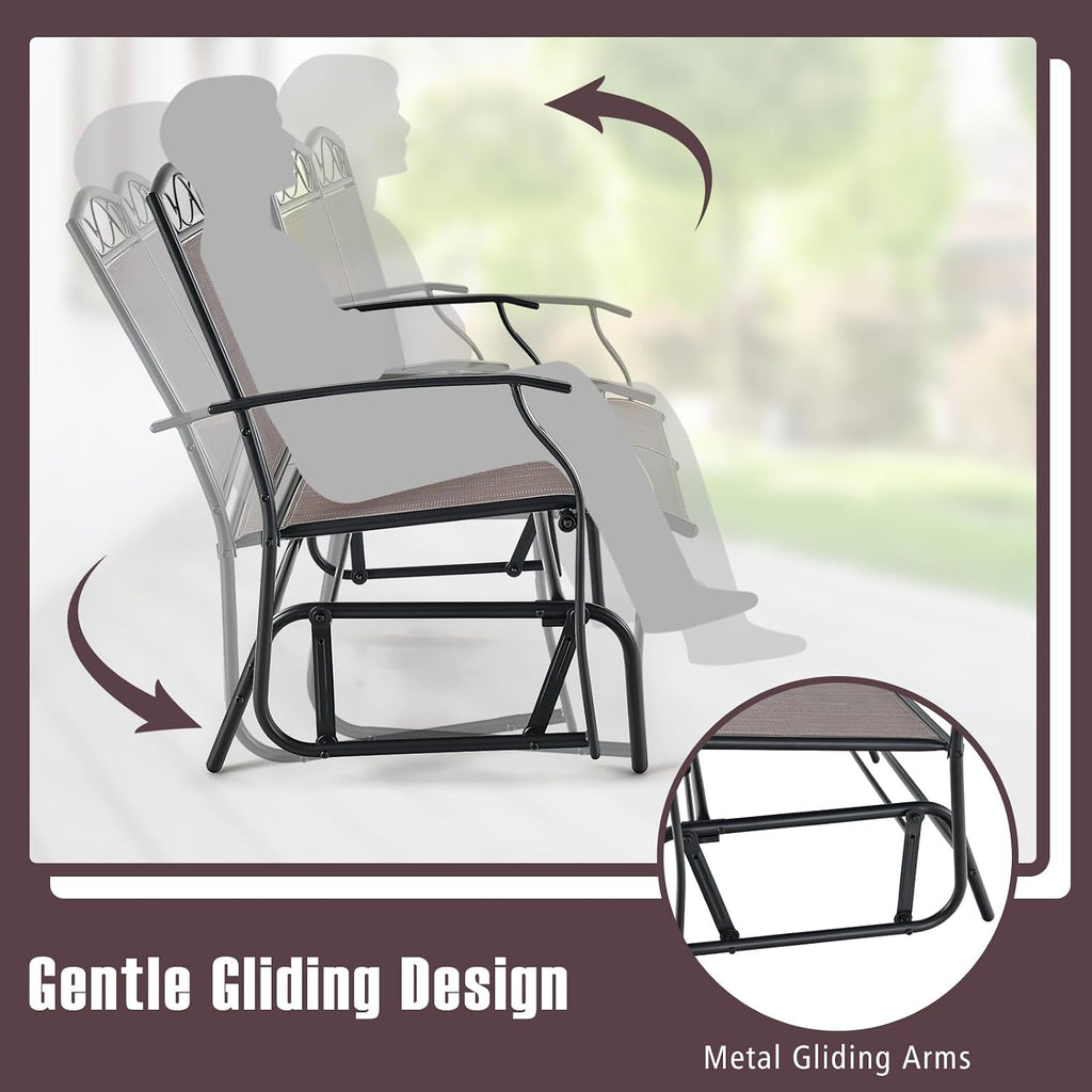 GIANTEX 4 PCS Outdoor Glider Chairs Set - Patio Furniture Set with Tempered Glass Table, Heavy-Duty Metal Frame, Gliding Rocking Chair, Conversation Set for Front Porch, Yard, Poolside (4 PCS, Brown)