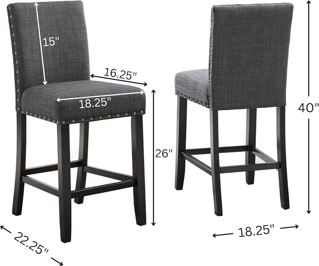 biony gray fabric counter height stools with nailhead, close-up detail