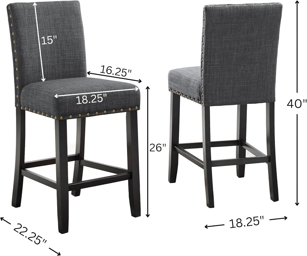 biony gray fabric counter height stools with nailhead, close-up detail