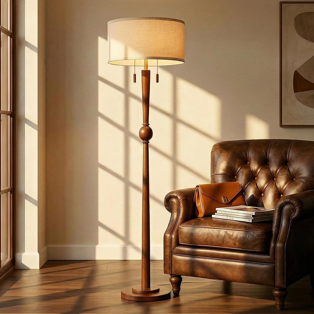 MOFFE Solid Wood Floor Lamp for Living Room with Wooden Pull Chains