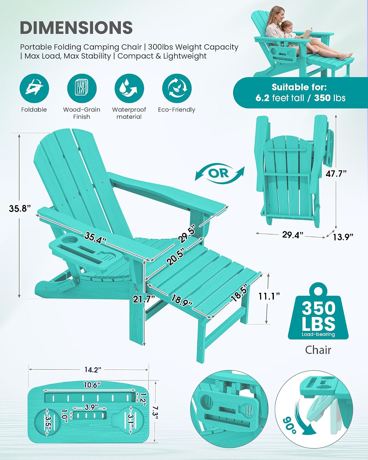 SERWALL Folding Adjustable Adirondack Chairs with Footrest Set of 2, HDPE Outdoor Chair with 4-in-1 Cup Holders, All Weather Adirondack Chair with Ottoman, Aruba