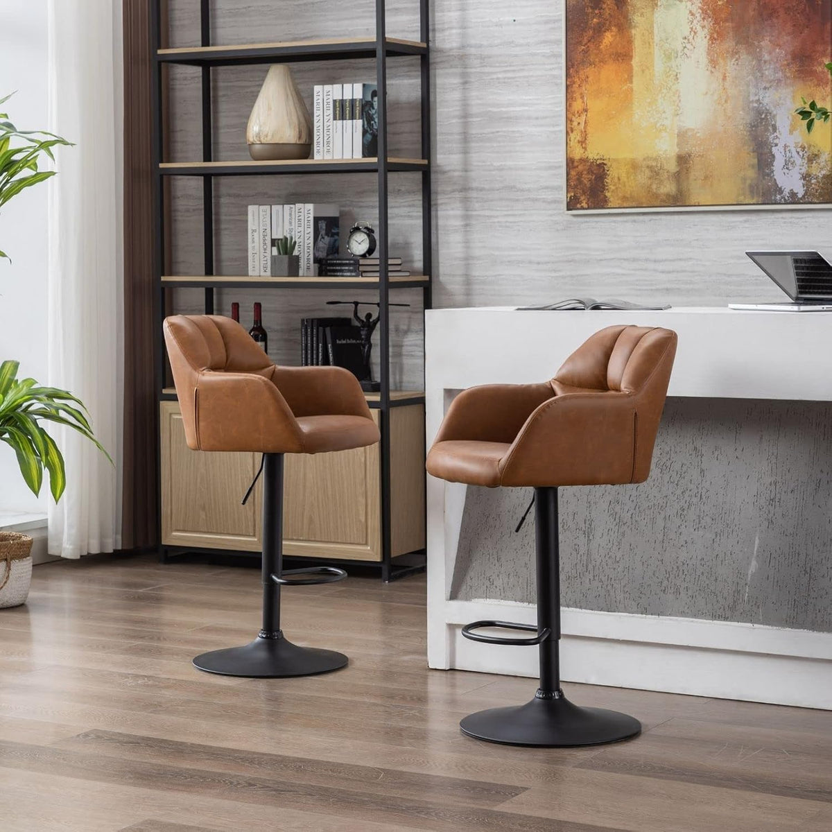 ROCITY Swivel Bar Stools Set of 6 Leather Kitchen Counter Stool Chair Upholstered Island Chairs Adjustable Barstool with Back, Brown Bar Stools