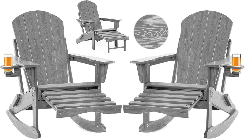Folding Adirondack Rocking Chair Set of 2,4-in-1 Multifunctional Patio Chairs with Retractable Ottoman, Outdoor Chairs Wood Texture, Lawn Chair for Porch, Backyard, Pool(Grey)