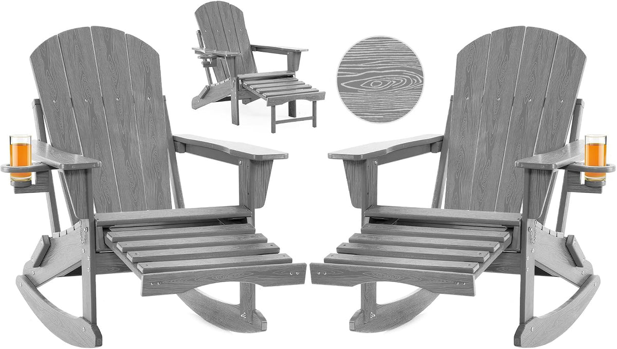 Folding Adirondack Rocking Chair Set of 2,4-in-1 Multifunctional Patio Chairs with Retractable Ottoman, Outdoor Chairs Wood Texture, Lawn Chair for Porch, Backyard, Pool(Grey)