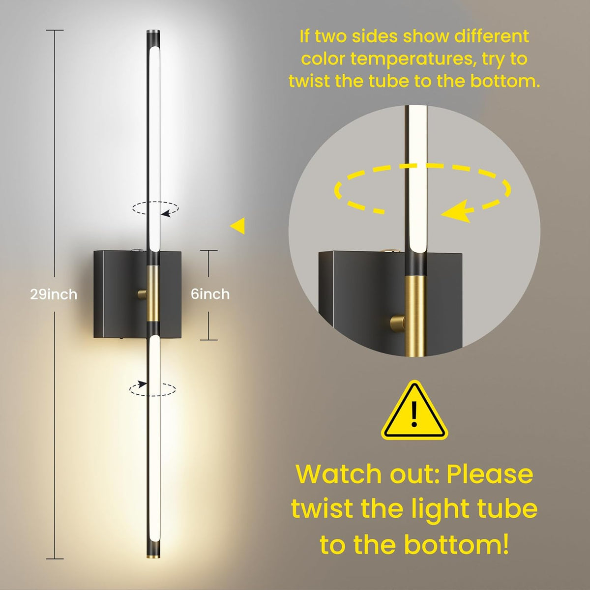 10000mAh Battery Operated Wall Sconces Set of 2, Black Gold-29Inch