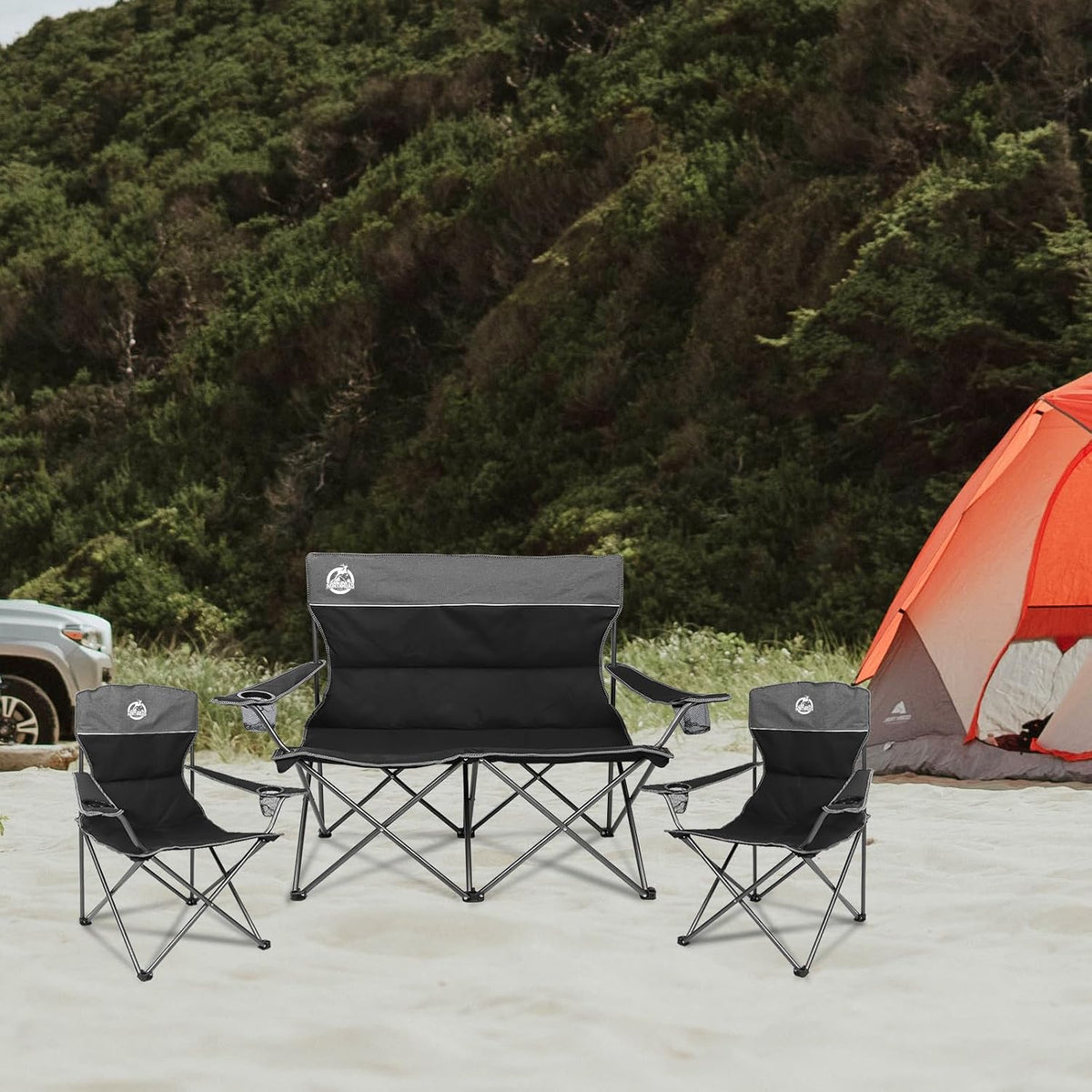 Northroad Outdoor Camping Chair Set of 3,Folding Padded Camp Chair w/1 Sofa,2 Single Chairs,Collapsible Conversation Set for Family Patio, Beach (Black)