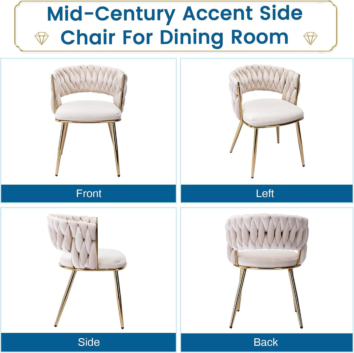 KCC Velvet Dining Chairs Set of 6,Woven Chairs with Metal Legs,Green