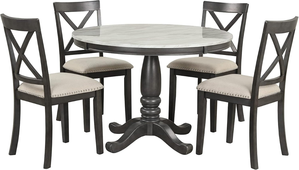 LUMISOL Round Dining Table Set for 4, Farmhouse Kitchen Table Set with Faux Marble Table Top & 4 Upholstered Chairs for Kitchen, Dining Room, Small Space, Muddy Gray