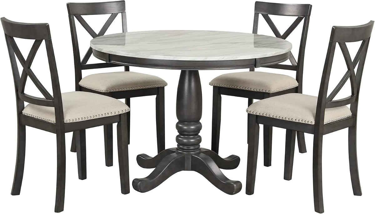 LUMISOL Round Dining Table Set for 4, Farmhouse Kitchen Table Set with Faux Marble Table Top & 4 Upholstered Chairs for Kitchen, Dining Room, Small Space, Muddy Gray