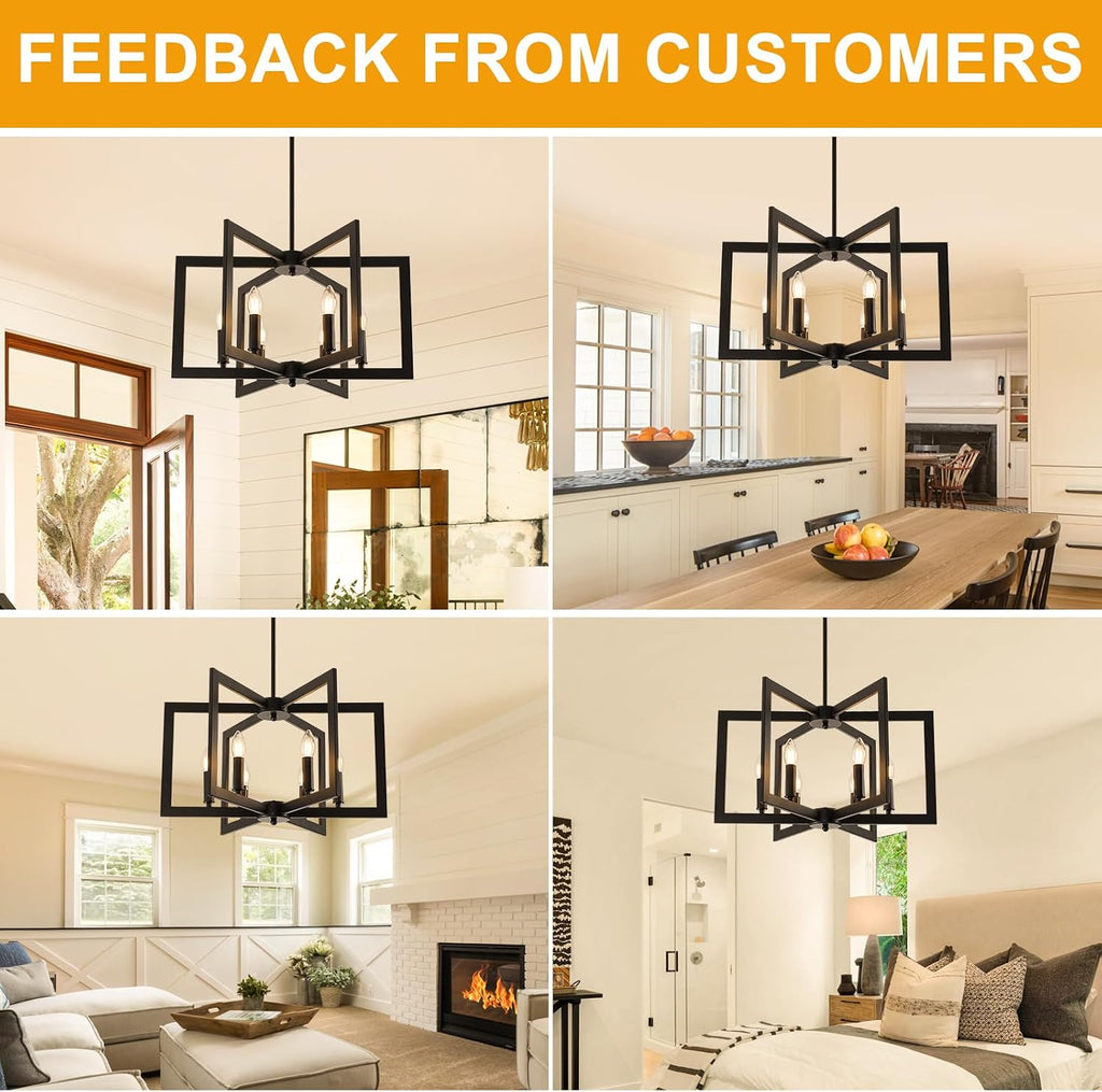 22" Black Chandelier for Dining Room, 6-Light Geometric Farmhouse Dining Room Fixture, Modern Foyer Lighting Fixtures, Industrial Hanging Pendant Lights for Kitchen Island, Living Room, Entryway
