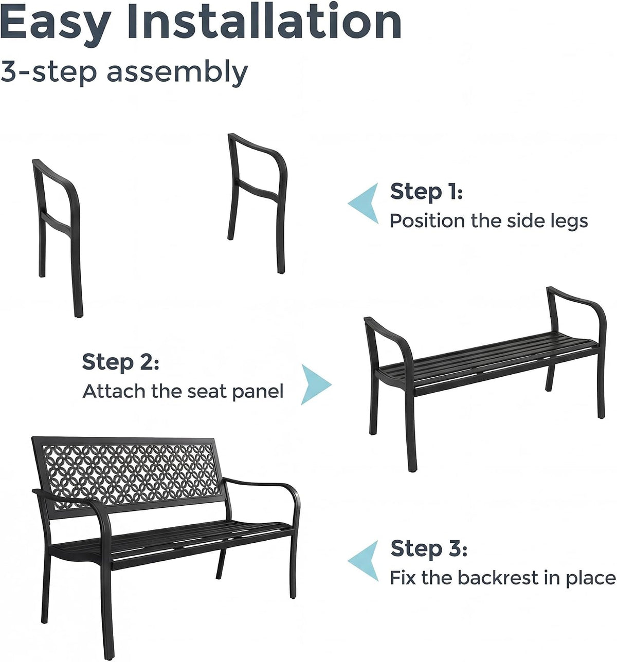Grand patio 50" Outdoor Bench, Garden Bench with Armrests, Black