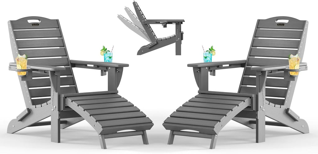 Adjustable Adirondack Chairs Set of 2 with Retractable Ottoman, HDPE Folding Adirondack Chair with 2 Cup Holders, Weather Resistant for Backyard, Poolside & Fire Pit (Grey)