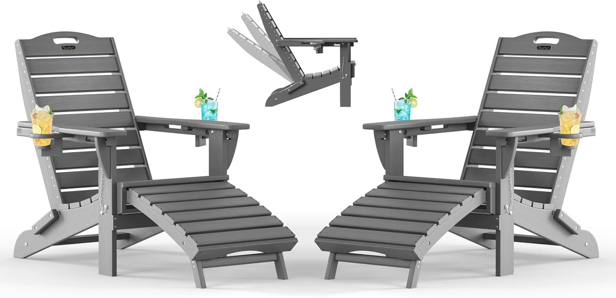 Adjustable Adirondack Chairs Set of 2 with Retractable Ottoman, HDPE Folding Adirondack Chair with 2 Cup Holders, Weather Resistant for Backyard, Poolside & Fire Pit (Grey)