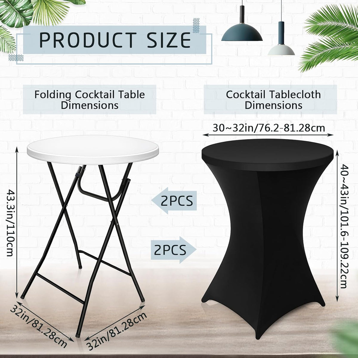 Wenqik 2 Sets 32"x43" High Top Folding Cocktail Tables & Covers,Black