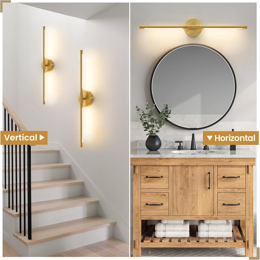 Lightania Hardwired Wall Sconces Set of Two, 28'' Modern Gold LED Wall Lights, 360° Rotatable, 2700K-5000K Adjustable, 3CCT Dimmable Wall Sconce Light Fixture for Living Room Bedroom Hallway, ETL