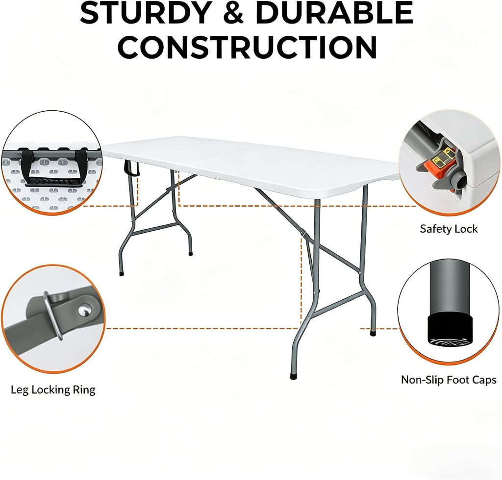 Folding Table 6ft Foldable Table with Built in Handle & Steel Legs / 6FT Heavy Duty Folding Portable,Perfect for Party, Dining Indoor/Outdoor Events, Tailgating & Backyard BBQ,White